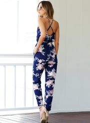 Fashion Floral Printed Cross Strap Backless V Neck Jumpsuits