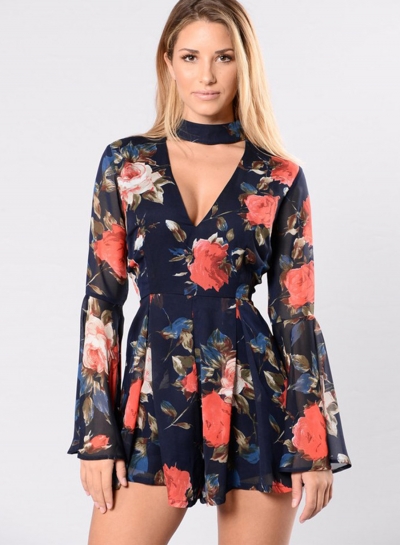 Fashion Floral Printed High Waist Flare Sleeve Deep V Neck Jumpsuits