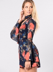 Fashion Floral Printed High Waist Flare Sleeve Deep V Neck Jumpsuits