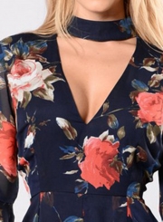 Fashion Floral Printed High Waist Flare Sleeve Deep V Neck Jumpsuits