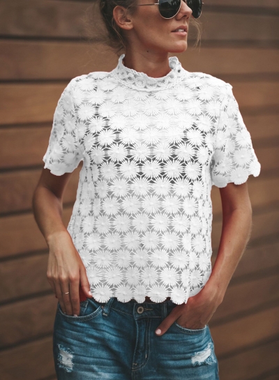 Fashion Solid Short Sleeve Floral lace Hollowed Out Tee Shirt zecalaba.com