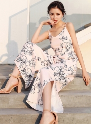 Fashion Floral Printed Sleeveless Strap Slit Wide Leg Jumpsuits