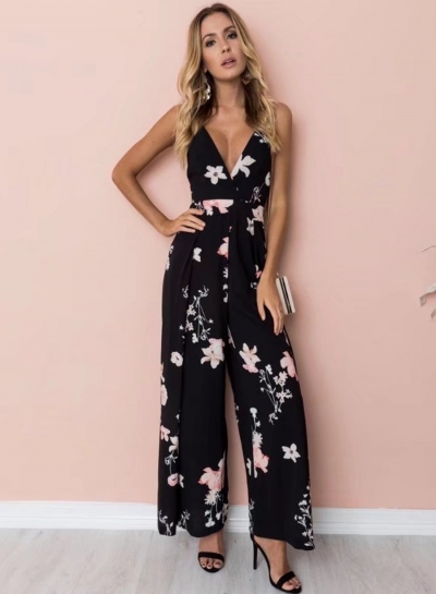 Fashion Floral Printed Spaghetti Strap Backless V Neck Jumpsuits zecalaba.com