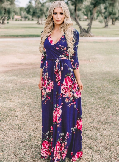 Fashion Floral Printed Long Sleeve Tie Waist V Neck Maxi Dress zecalaba.com