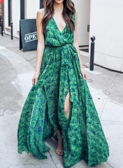 Fashion Sexy Floral Printed Sleeveless V Neck Chiffon Women Maxi Dress