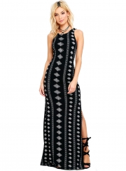 Fashion Sexy Striped Argyle Sleeveless Round Neck Slim Women Maxi Dress