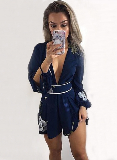 Fashion Sexy Floral Printed Long Sleeve Lace-up V Neck Jumpsuits zecalaba.com