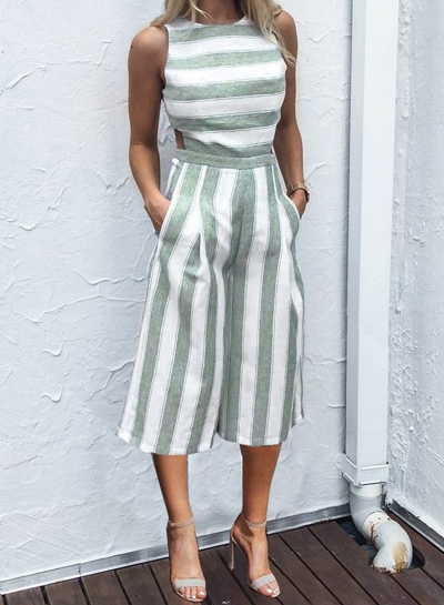 Fashion Casual Striped Sleeveless Straight Wide Leg Jumpsuits zecalaba.com