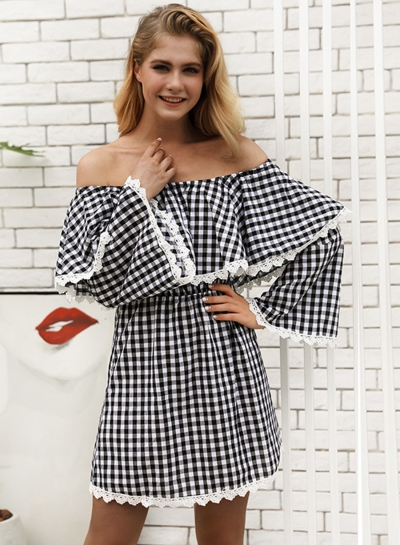 Fashion Sexy Check Long Flare Sleeve Off The Shoulder Women Dress zecalaba.com