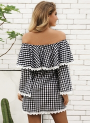 Fashion Sexy Check Long Flare Sleeve Off The Shoulder Women Dress