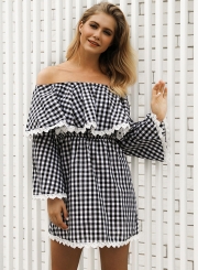 Fashion Sexy Check Long Flare Sleeve Off The Shoulder Women Dress