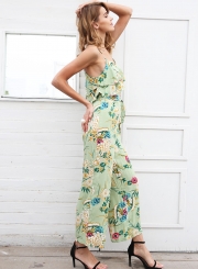 Fashion Sexy Strap Floral Printed Tie Waist Wide Leg Women Jumpsuits