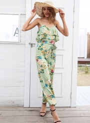 Fashion Sexy Strap Floral Printed Tie Waist Wide Leg Women Jumpsuits