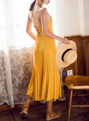 Summer Beach Solid Chiffon Spaghetti Strap Square Neck Women Pleated Dress