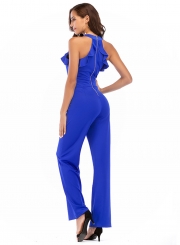 Solid Halter Off The Shoulder Flounce Slim Straight Jumpsuits With Zip