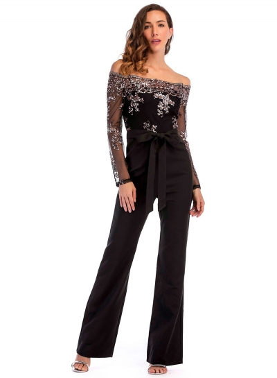 Lace Embroidery Long Sleeve Off The Shoulder Straight Jumpsuits With Bow zecalaba.com