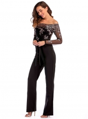 Lace Embroidery Long Sleeve Off The Shoulder Straight Jumpsuits With Bow