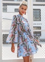 Fashion Floral Printed Long Flare Sleeve Lace-up Backless Women Midi Dress