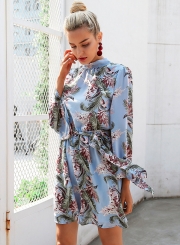 Fashion Floral Printed Long Flare Sleeve Lace-up Backless Women Midi Dress