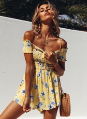 Floral Printed Short Sleeve Off The Shoulder Backless Women Jumpsuits