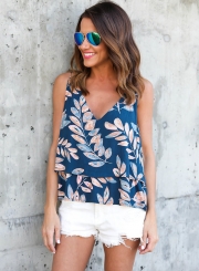 Casual Loose Flounced Chiffon Leaf Printed Sleeveless V Neck Women Blouse