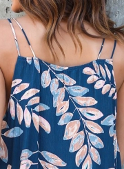 Casual Loose Flounced Chiffon Leaf Printed Sleeveless V Neck Women Blouse