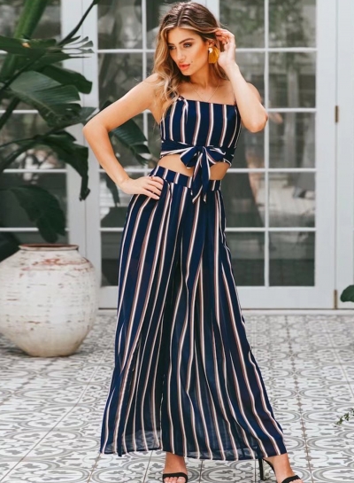 Fashion Striped Spaghetti Strap Cropped Top Wide Leg Pants Set