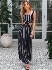 Fashion Striped Spaghetti Strap Cropped Top Wide Leg Pants Set