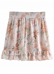 Fashion Sweet Floral Printed Flounced Elastic Waist  Women Mini Skirt