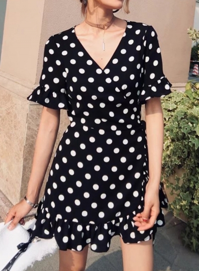 Fashion Beach Short Flare Sleeve V Neck Dress With Polka Dot zecalaba.com