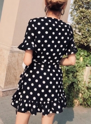 Fashion Beach Short Flare Sleeve V Neck Dress With Polka Dot