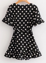 Fashion Beach Short Flare Sleeve V Neck Dress With Polka Dot