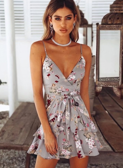 Fashion Floral Printed Spaghetti Strap Sleeveless Backless V Neck Dress