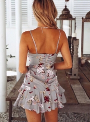 Fashion Floral Printed Spaghetti Strap Sleeveless Backless V Neck Dress