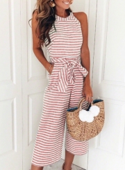 Fashion Striped Off The Shoulder Sleeveless Tie Waist Wide Leg Jumpsuits