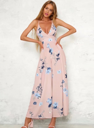 Fashion Floral Printed Spaghetti Strap Backless V Neck Jumpsuits zecalaba.com