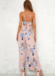 Fashion Floral Printed Spaghetti Strap Backless V Neck Jumpsuits