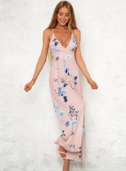 Fashion Floral Printed Spaghetti Strap Backless V Neck Jumpsuits