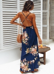 Fashion Sexy Floral Printed Sleeveless Backless V Neck Maxi Dress