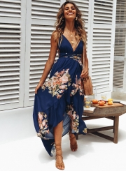 Fashion Sexy Floral Printed Sleeveless Backless V Neck Maxi Dress