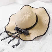 Fashion Casual Straw Floppy Foldable Beach Sunscreen Hat With Wave Ribbon