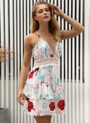 Fashion Floral Printed Spaghetti Stra Backless Hollowed Out Dress