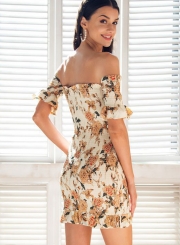 Floral printed Short Sleeve Slash Neck Smocking Bodycon Dress