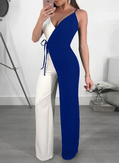 V Neck Sleeveless Contrast Color Wide Leg Jumpsuits zecalaba.com