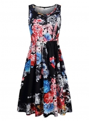 Fashion Floral Printed Sleeveless Round Neck Women Vest Dress