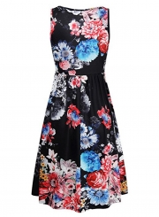 Fashion Floral Printed Sleeveless Round Neck Women Vest Dress