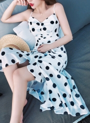 Beach Irregular Spaghetti Strap V Neck Women Dress With Polka Dots