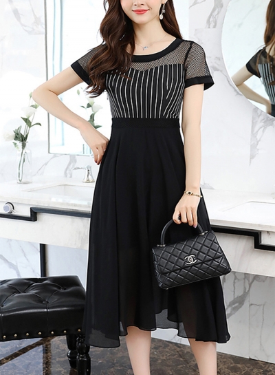 Elegant Striped Mesh Spicing Short Sleeve Round Neck Dress zecalaba.com