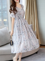 Sweet Slim Chiffon Short Flounce Sleeve V Neck Dress With Pattern