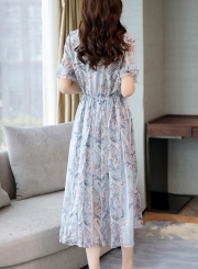 Sweet Slim Chiffon Short Flounce Sleeve V Neck Dress With Pattern